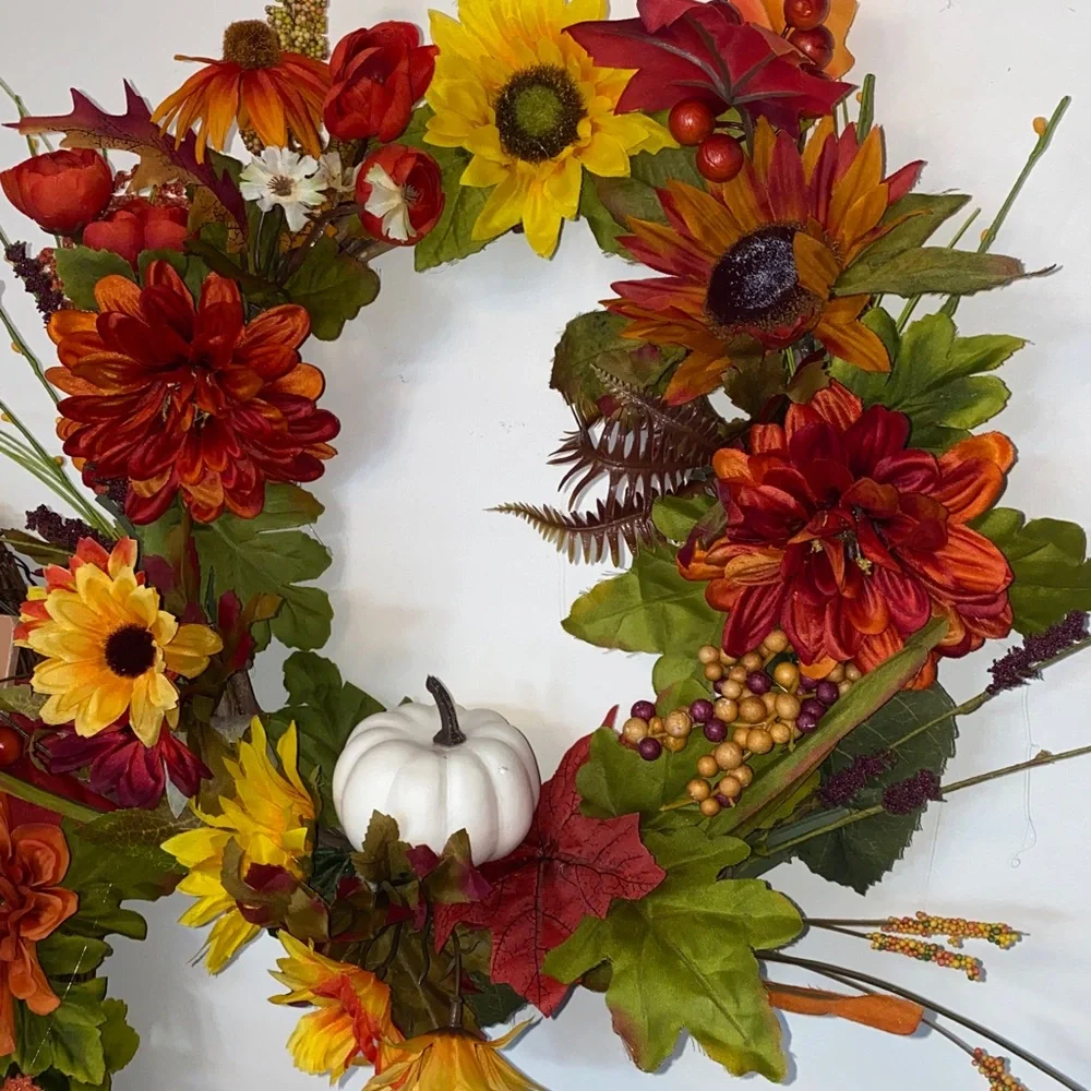 Fall Thanksgiving Faux Silk Flower Arrangement Wreath